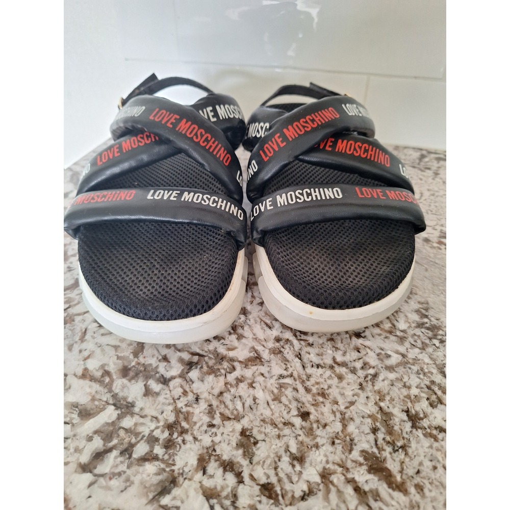 Moschino Black Red Logo Tape Platform Sandals Women's Sz 40/9.5 US - Picture 2 of 9